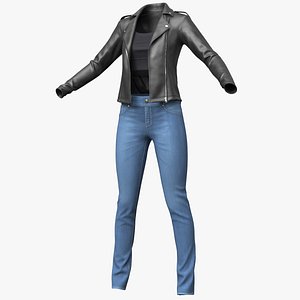 Leather Jacket 1v  Jeans Top Female PBR 3D model