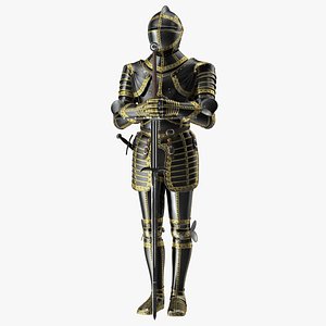 3D Medieval Knight Black Gold Full Armor Standing Pose