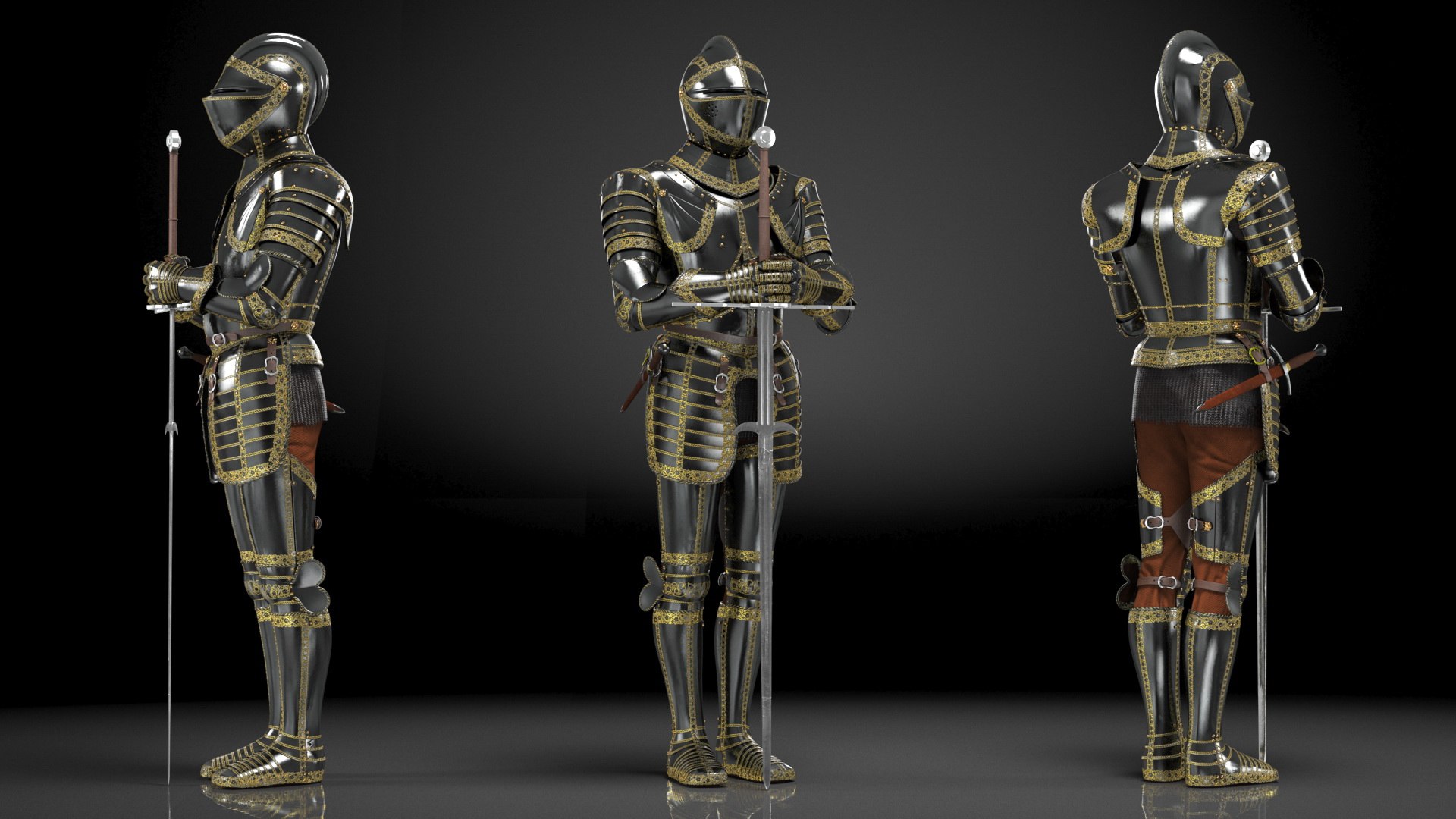 3D Medieval Knight Black Gold Full Armor Standing Pose - TurboSquid 1832862