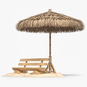 Wooden Bench under Straw Umbrella on Sand