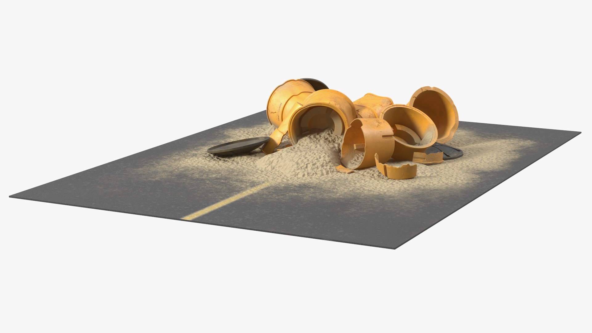 Road Section with Sand Barrels Crashed 3D model preview