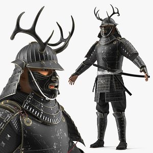 3D Armored Samurai Character With Antler Helmet model
