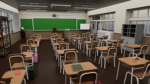 School Classroom Interior with Hallway