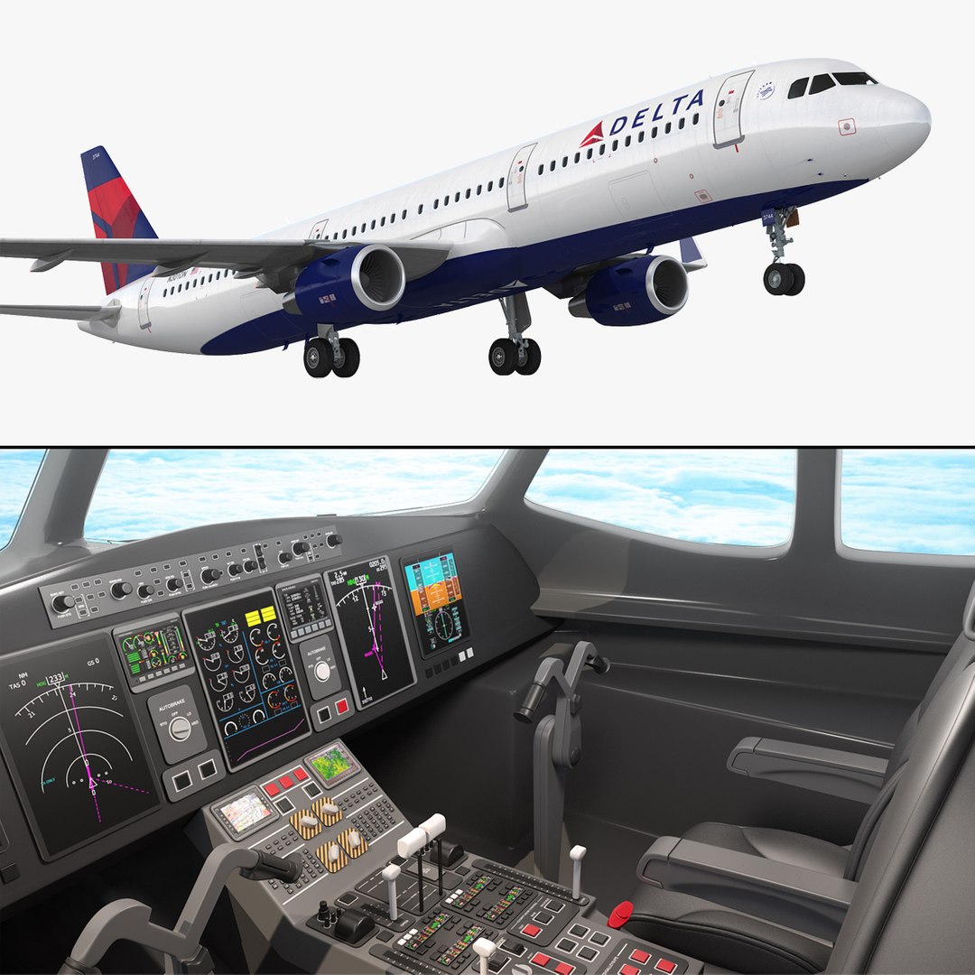 Airbus A321 Delta Airlines with Interior Rigged 3D model preview