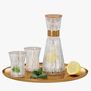 N27 DECANTER Elegant Glass Carafe and Glasses Set with Lemon and Mint on Gold Tray 3D model