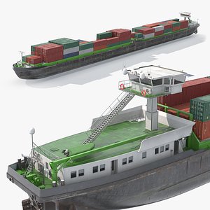 Low Draft Shipping Vessel Fully Loaded Green Rigged for Cinema 4D
