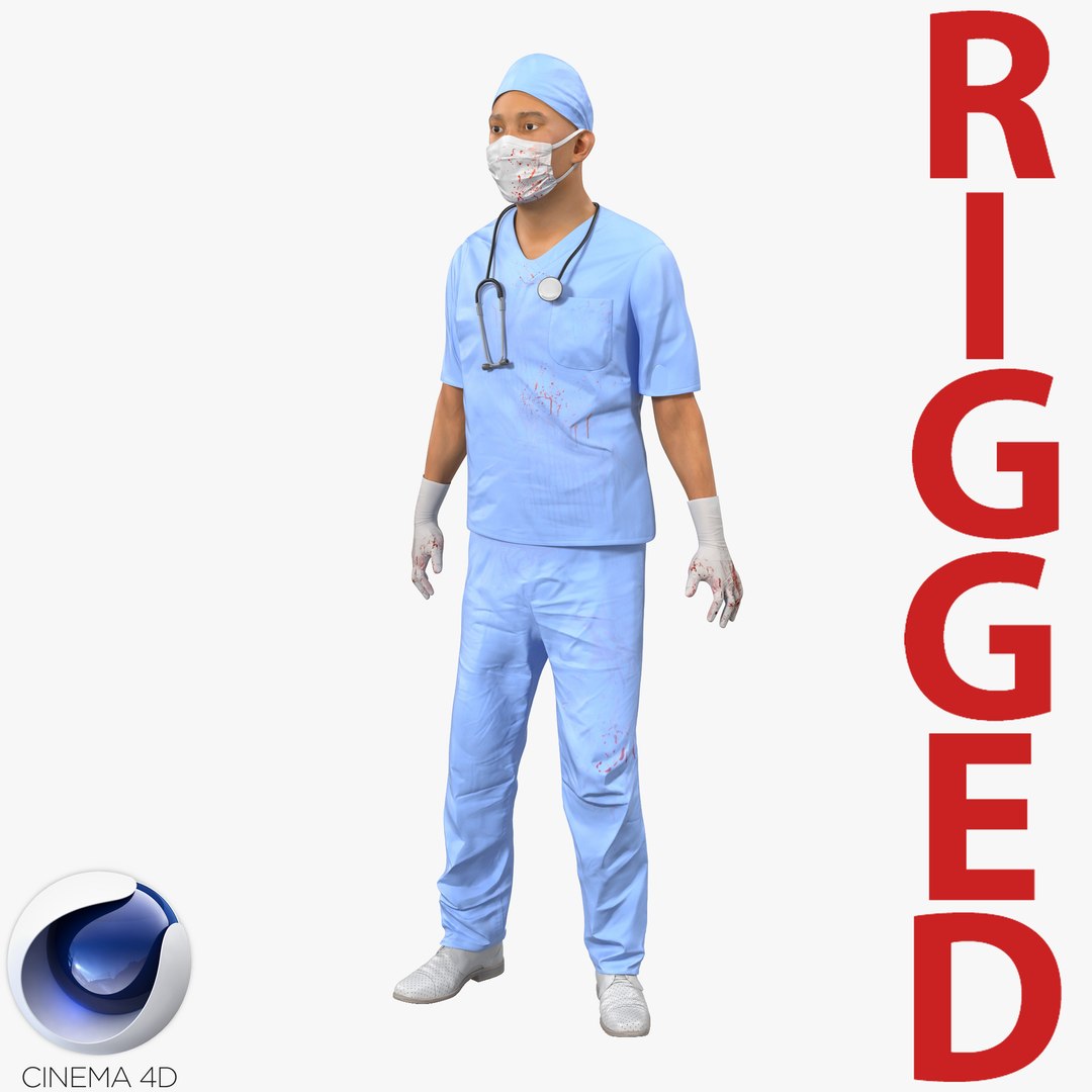 Male Surgeon Asian Rigged with Blood for Cinema 4D 3D Model 3D model preview