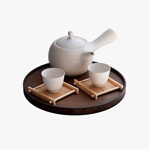 3D White Tea Set with Bamboo Coasters and Wooden Tray