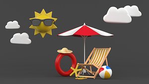 Beach Umbrella and Chair 3D