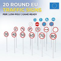 European Traffic Signs - 20 Round Road Signs Pack PBR Low-Poly