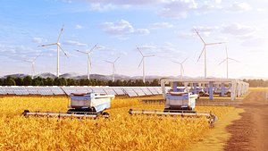 Futuristic harvesters with solar panels and windmills model