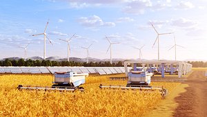 Futuristic harvesters with solar panels and windmills