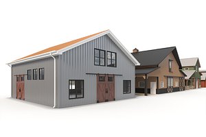3D Set of houses hangars sheds barns