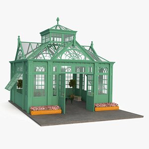 Outdoor Greenhouse with Plants and Garden Furniture