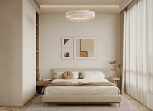 double bed cozy bedroom interior scene