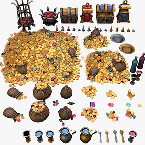 3D Pile of Gold Treasure Precious Stones Coins Chests Pack model