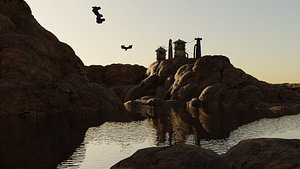 3D Sci-Fi Rocky Outcrop Environment with Structures