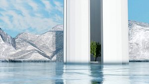 Minimal Meditation Garden Architectural Column Circle Tree Water Blender FBX OBJ GLB