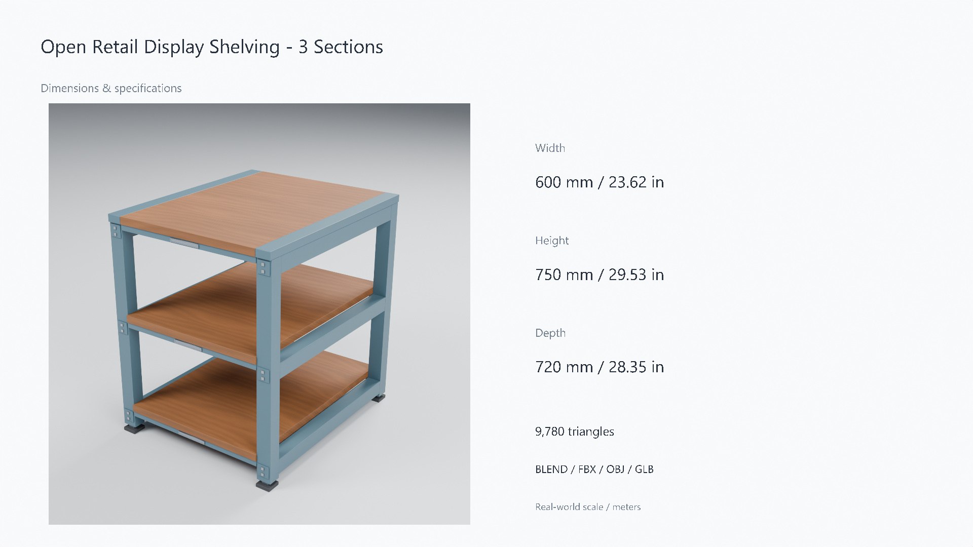 Wood and Steel Retail Display Shelving - 600 x 720 x 750 mm 3D https://p.turbosquid.com/ts-thumb/8s/i0pAUE/32/07_dimensions/jpg/1788947617/1920x1080/fit_q87/872b6880c47b89ccf0e6d038ea1071bd3786a99b/07_dimensions.jpg
