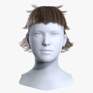 3D Realistic Brown Mullet Shag with Blunt Fringe 3D Asset