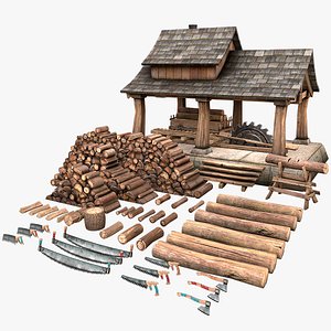 Sawmill and Lumberjack Set 3D