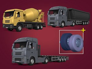 Generic Cement Mixer Truck -- Flatbed Trailer -- Dump - Tipping Heavy Truck -- Large Semi Trailer