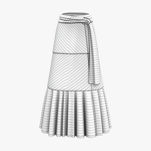 White Lines Bottom Ruffles Long Skirt With Belt 3D model