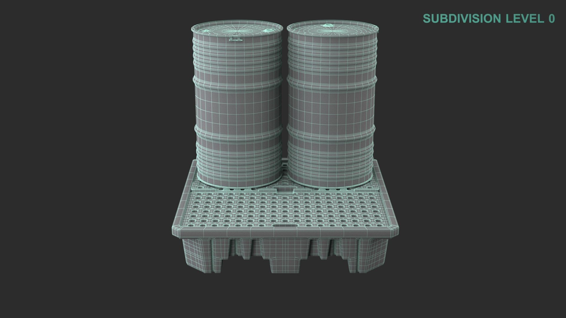 Spill Pallet With Barrels 3D model https://p.turbosquid.com/ts-thumb/90/PJEmrZ/0D/wireframe0008/jpg/1711610749/1920x1080/fit_q87/4516d745dce0c915953d08fd687226cdce8f155b/wireframe0008.jpg