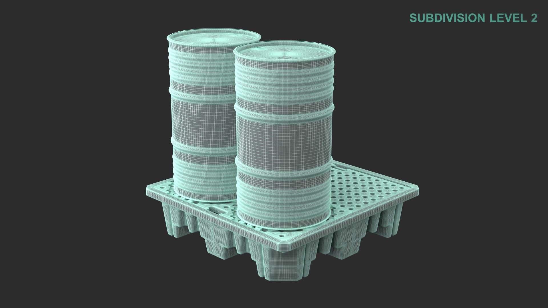 Spill Pallet With Barrels 3D model https://p.turbosquid.com/ts-thumb/90/PJEmrZ/3Q/wireframe0003/jpg/1711610747/1920x1080/fit_q87/7d692b3ae114b2535e92a34dec4d51664193711f/wireframe0003.jpg