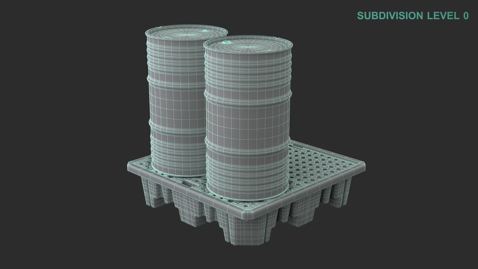 Spill Pallet With Barrels 3D model https://p.turbosquid.com/ts-thumb/90/PJEmrZ/8I/wireframe0009/jpg/1711610749/1920x1080/fit_q87/e6df603d6f50f76874986abf2321d5dbb6766db2/wireframe0009.jpg