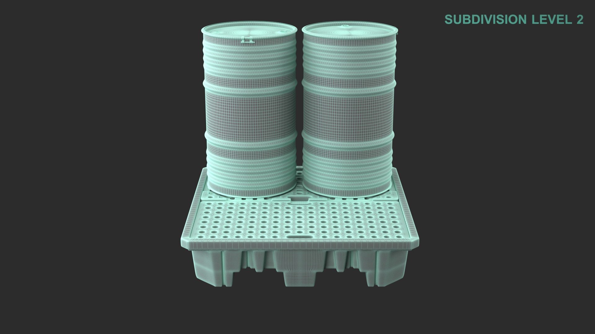 Spill Pallet With Barrels 3D model https://p.turbosquid.com/ts-thumb/90/PJEmrZ/BO/wireframe0002/jpg/1711610746/1920x1080/fit_q87/a88d823d31560249385832e727e74d77aaacb722/wireframe0002.jpg