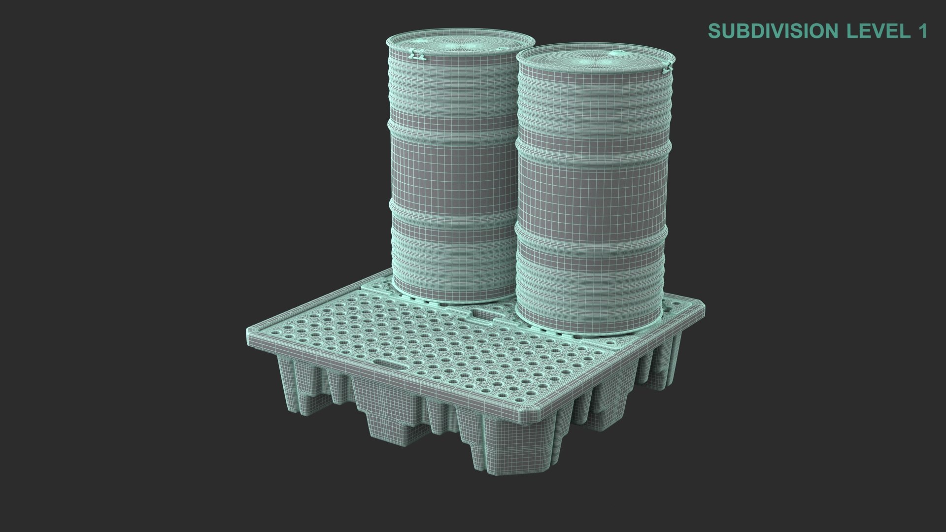 Spill Pallet With Barrels 3D model https://p.turbosquid.com/ts-thumb/90/PJEmrZ/GZ/wireframe0004/jpg/1711610747/1920x1080/fit_q87/ad193c72237d258833e67f5971398ed1ac8aa4b8/wireframe0004.jpg