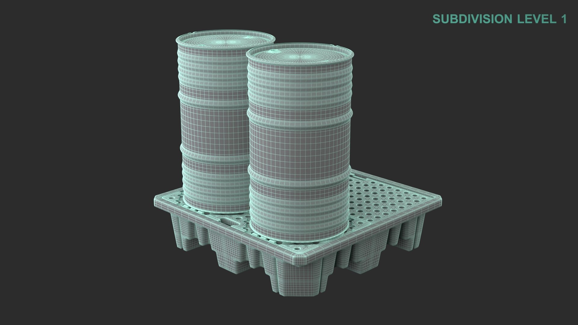 Spill Pallet With Barrels 3D model https://p.turbosquid.com/ts-thumb/90/PJEmrZ/Li/wireframe0006/jpg/1711610748/1920x1080/fit_q87/af244aa16fac17737da41907d27d78c3b416738d/wireframe0006.jpg