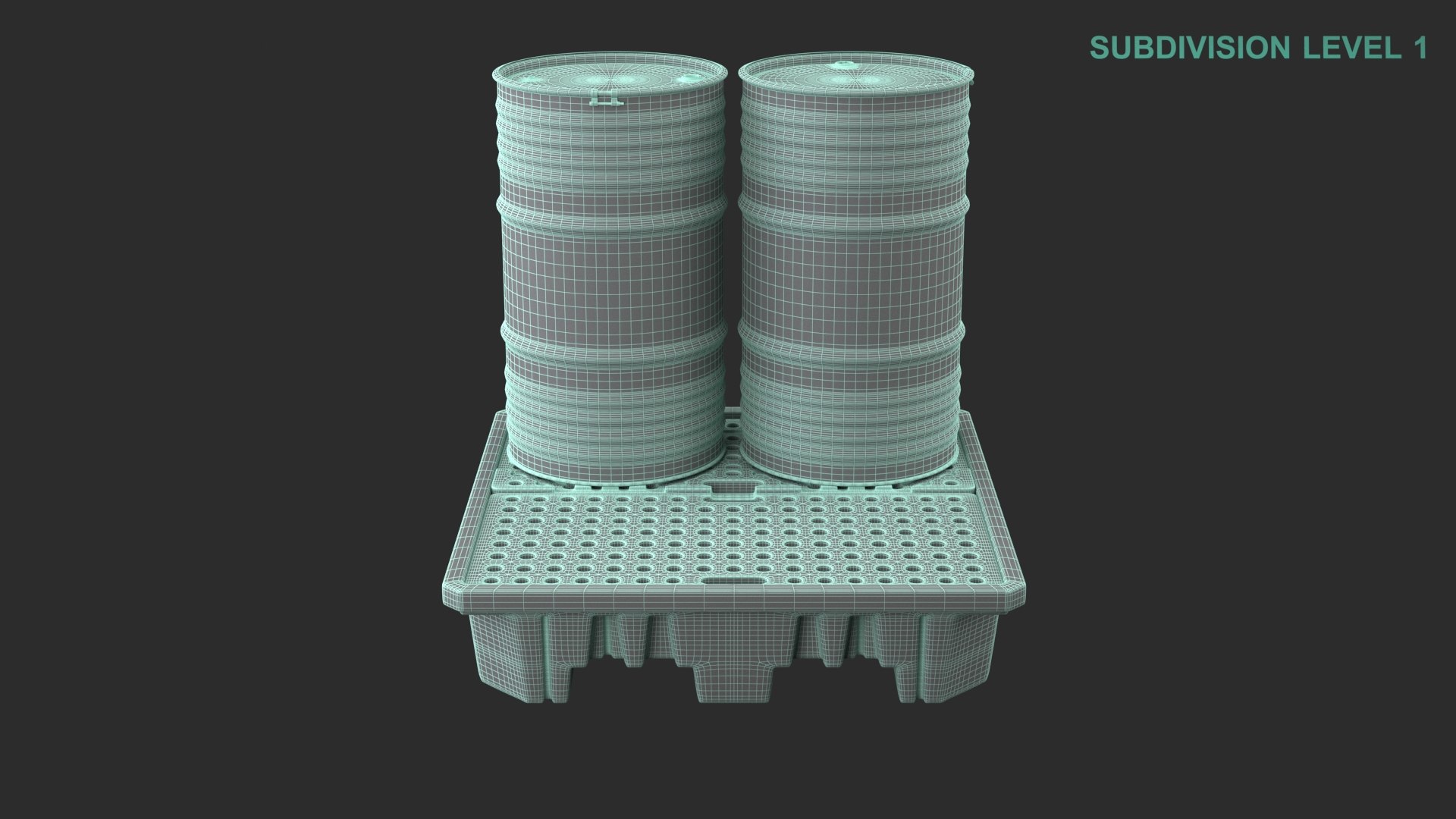 Spill Pallet With Barrels 3D model https://p.turbosquid.com/ts-thumb/90/PJEmrZ/W8/wireframe0005/jpg/1711610747/1920x1080/fit_q87/f80c1ec29ae4ad8ac995f5c95d397000eed7e4e3/wireframe0005.jpg
