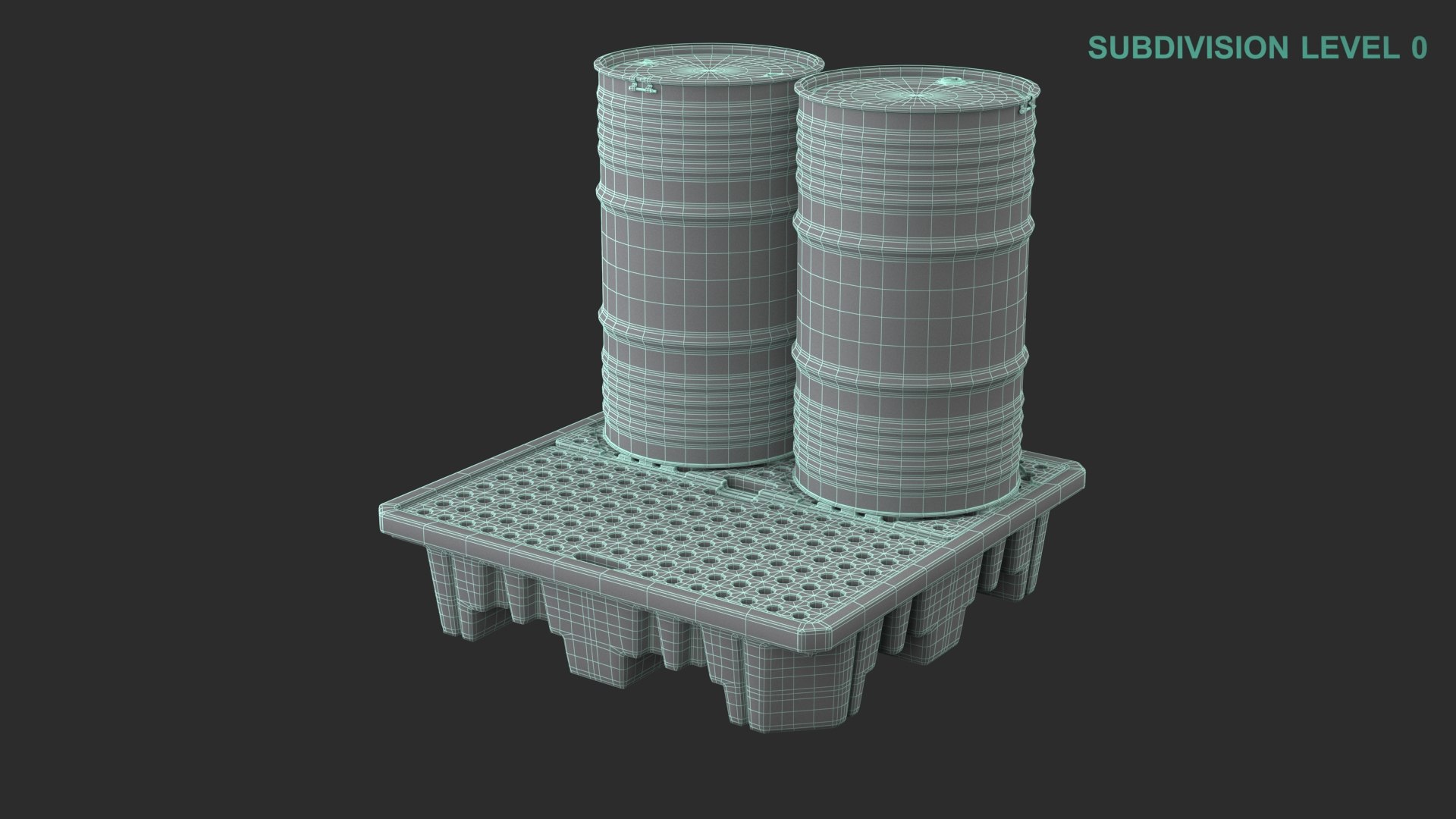 Spill Pallet With Barrels 3D model https://p.turbosquid.com/ts-thumb/90/PJEmrZ/WF/wireframe0007/jpg/1711610748/1920x1080/fit_q87/b79c17b084ea4e237ed2aa276e27699dcdb87b50/wireframe0007.jpg