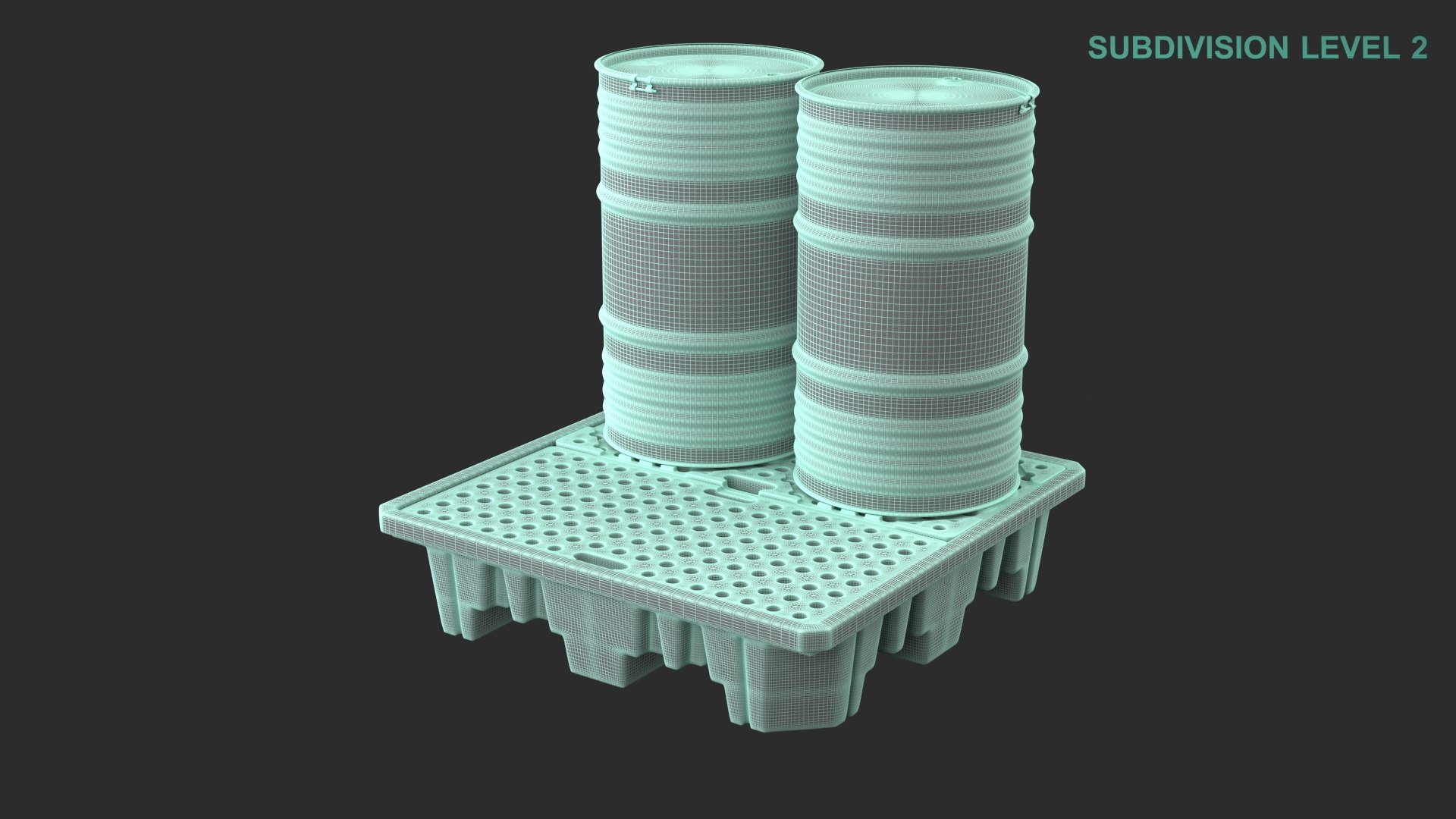 Spill Pallet With Barrels 3D model https://p.turbosquid.com/ts-thumb/90/PJEmrZ/YV/wireframe0001/jpg/1711610746/1920x1080/fit_q87/fb815aa62f4c8fe8dfbd7747dc7692aff2474d06/wireframe0001.jpg