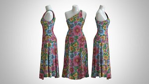 Woman Dress 2 Blue Red Yellow Pink Rose Floral 3D model