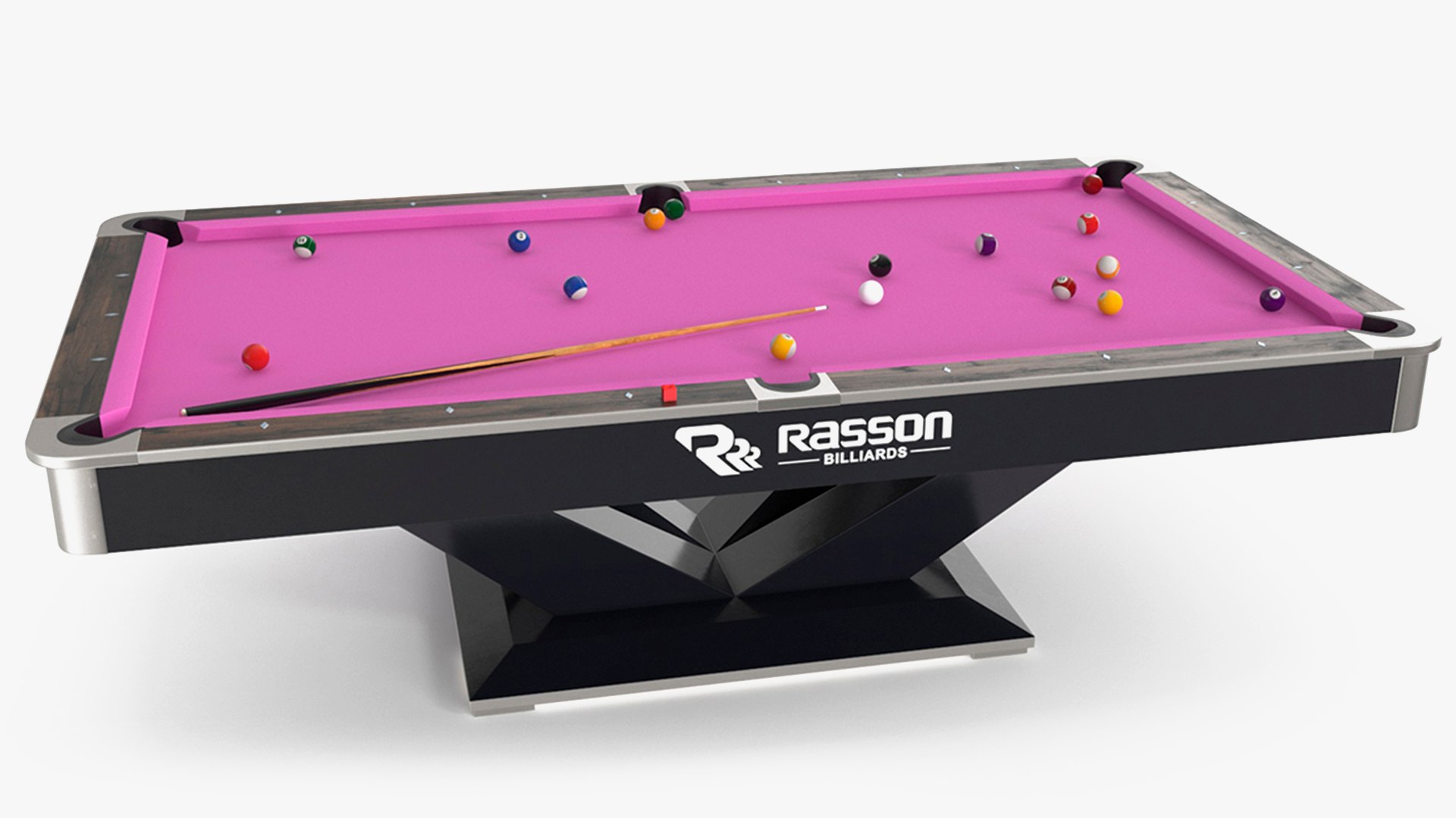 Pool Table Rasson Fuchsia with Balls and Cue 3D model preview