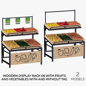 Wooden Display Rack 06 With Fruits and Vegetables with and Without Tag - 2 models 3D model