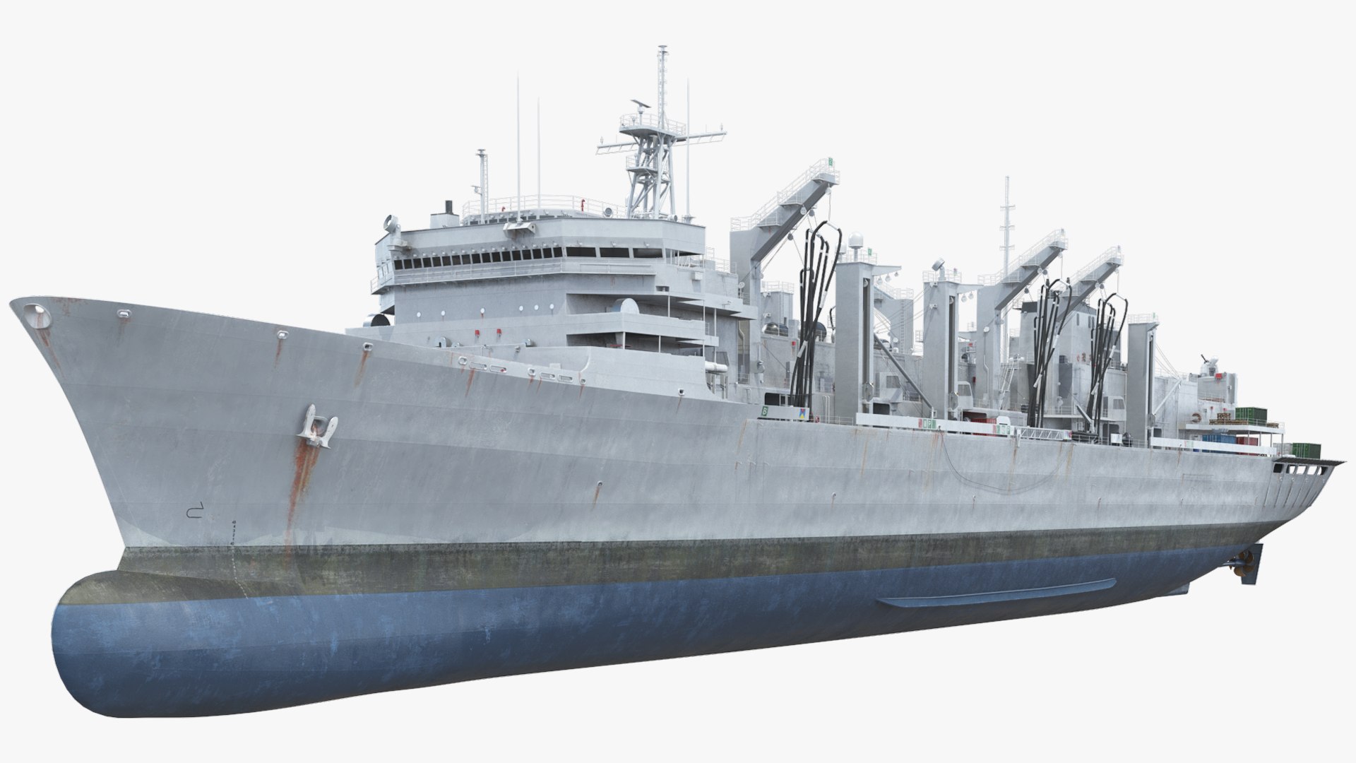 Military Supply Ship with Industrial Deck Layout Rigged 3D model for naval VFX and simulation