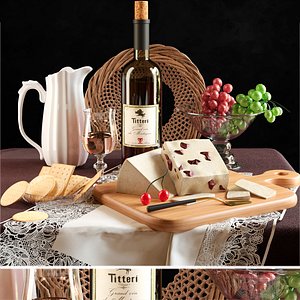 Carafe with wine and cheese