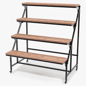 Rolling Step Shelf with Metal Frame and Wooden Shelves 3D model
