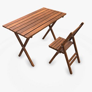 Old Wooden Folding Table and Chair Low-poly PBR