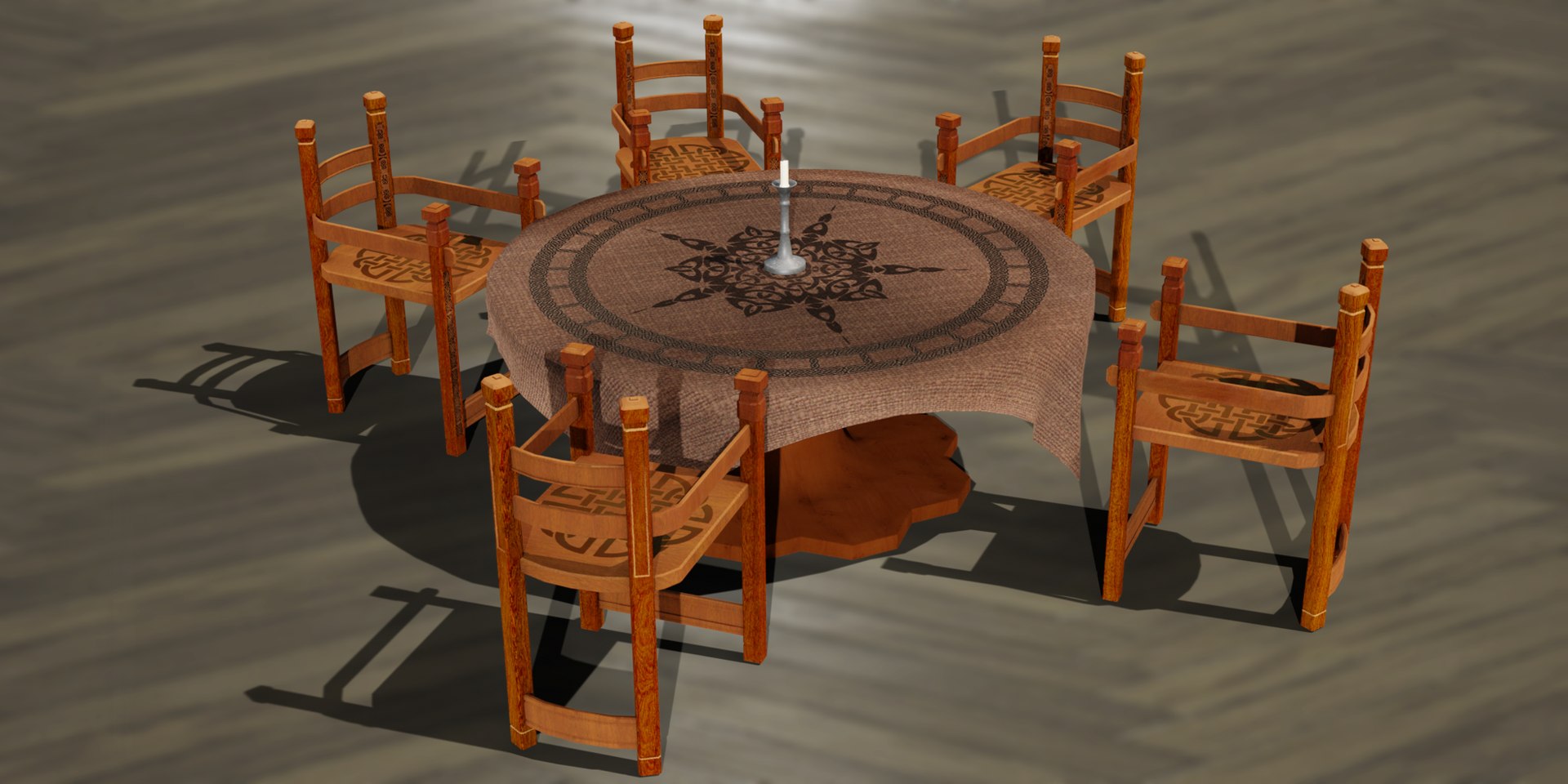 Round Viking Table with Table Cloth Candle and Chairs 3D TurboSquid