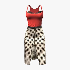 Red Strap Top And Front Slit A-Line Skirt Outfit model