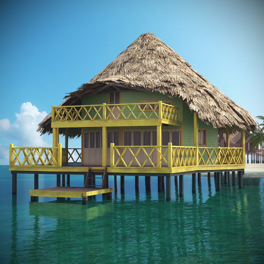 Overwater Bungalow with Thatched Roof and Deck In Water 3D model preview