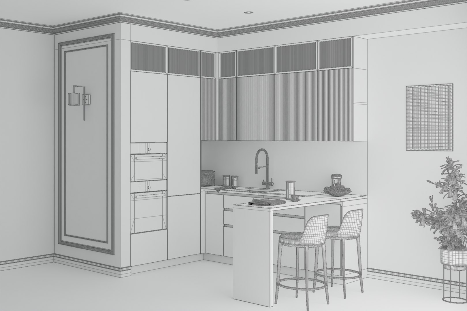 Modern Kitchen U-shape Black Timber and Marble 3D model 3D model model ...