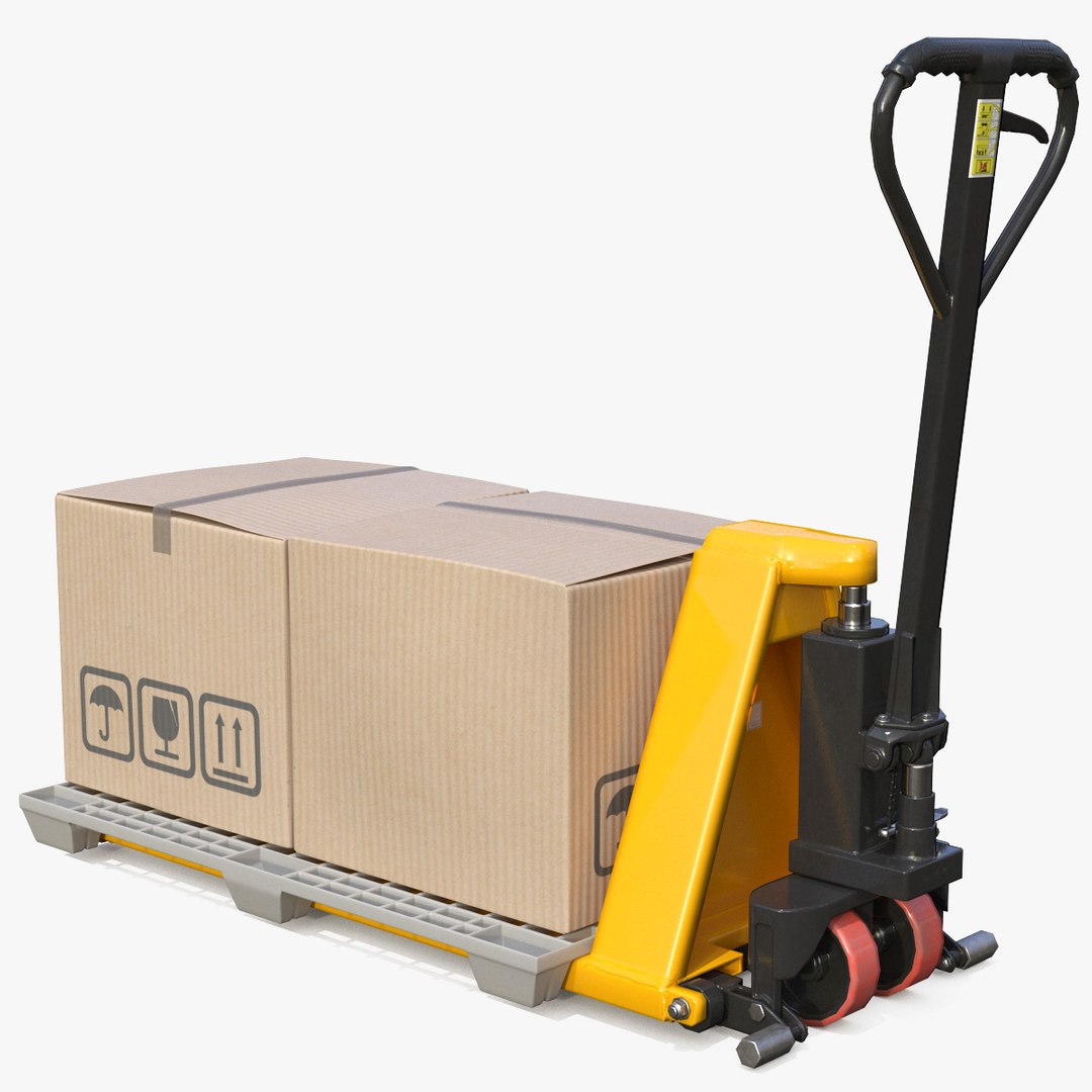 Scissor Pallet Truck with Plastic Pallet and Parcels 3D model preview