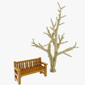 3D model oxel Bench and Winter Tree 3D Low Poly