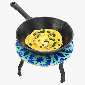 Omlette in a skillet on a trivet 3D